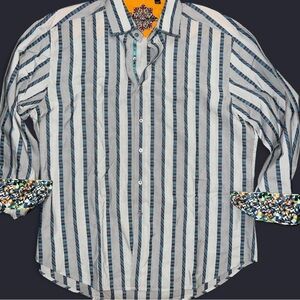 Robert Graham Mens 2XL Button Front L/S Flip Cuff Casual Shirt Grey Blue Stripe